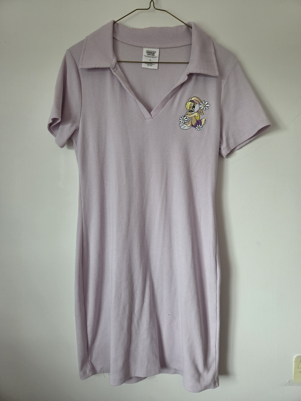 Vintage Cartoon-Embroidered Lavender Polo Dress - Women